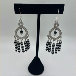 Silver-tone Handmade Dangling Chandelier Earrings with Black Silver Beads